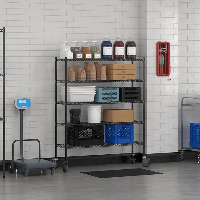 Commercial NSF Listed Black Epoxy Mobile Wire Shelving Kit 14" x 48" x 60", with 5 Shelves Perfect for Warehouse, Walk-in Refrigerator, Freezer, Grocery Store, Restaurant, Dishroom
