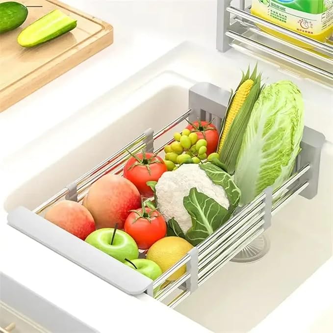 Extendable Stainless Steel Kitchen Sink Drain Basket, Retractable Dish Drying Rack, Over The Sink Drainer, Space-Saving Stainless Drain Rack, Extended/Adjustable for Dishes, Fruits, Vegetables, Large