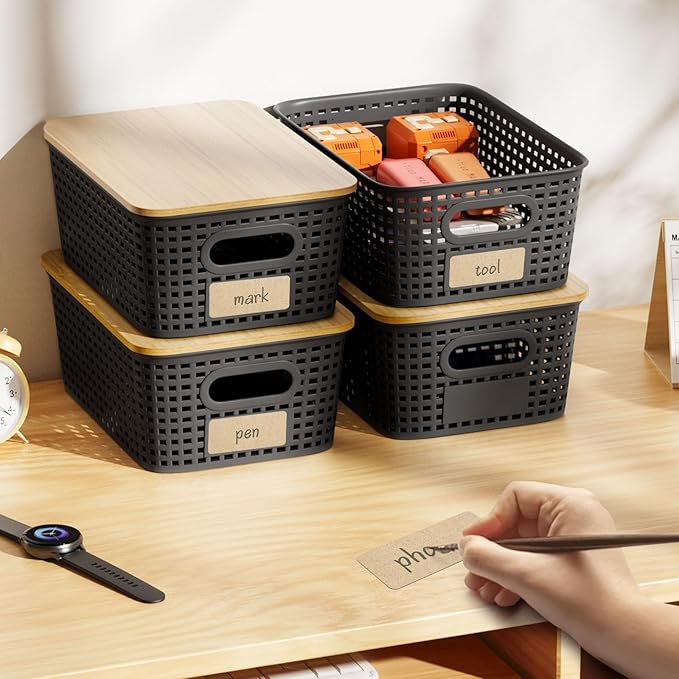 Plastic Storage Bins with Bamboo Lid - Pantry Storage Baskets with Lid - Stackable Container with Lable for Organizing: Small Storage Box for Shelves Office Cabinet Drawer Closet 9x7x4 In - Black 6Pcs