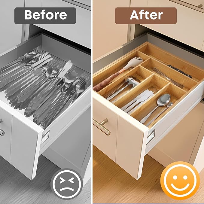 Bamboo Drawer Organizer Expandable Silverware Organizer, Drawer Dividers,Adjustable Utensils Holder Cutlery Tray for Kitchen Utensils and Flatware
