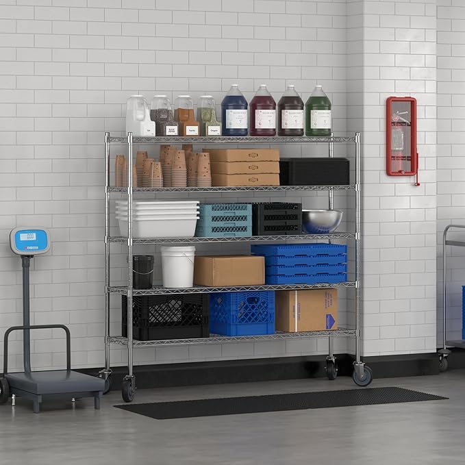 Commercial NSF Listed Chrome Mobile Wire Shelving Kit 14" x 60" x 60", with 5 Shelves Perfect for Warehouse, Walk-in Refrigerator, Freezer, Grocery Store, Restaurant, Dishroom