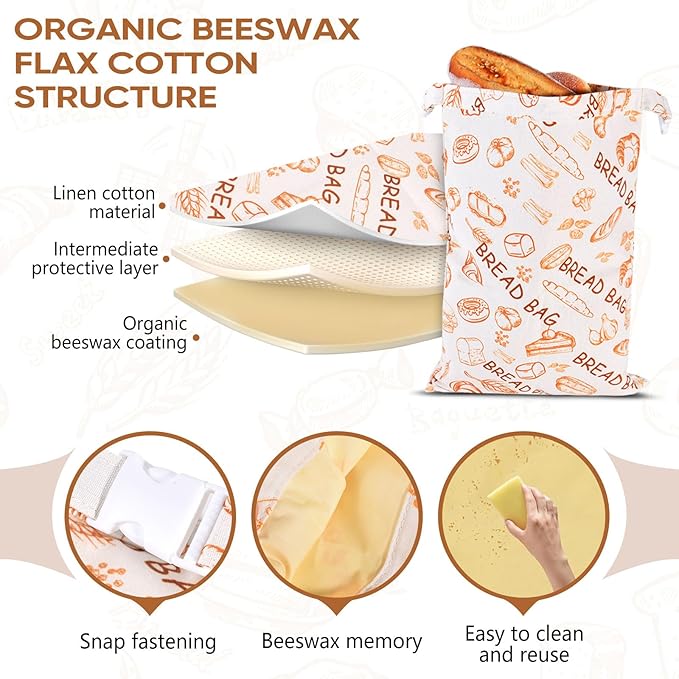 2Pack Reusable Bread Bags for Homemade Bread Organic Beeswax Cotton Bag -Fresh KeepingSourdough Storage Bag Thicker Organic Beeswax 17x12in Food Storage with Snap Closure(Yellow Pattern)