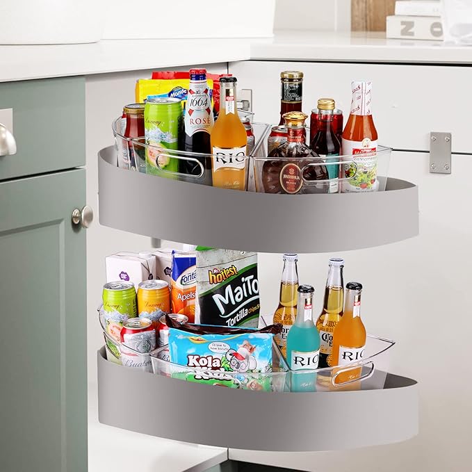 URALFA Lazy Susan Organizer Bins, Corner Cabinet Organizer, Plastic Corner Kitchen Cabinet Storage Bins Clear Transparent Lazy Susan Bins with Handle, 1/8 Wedge-4" Deep Container, BPA Free, 4 Pack