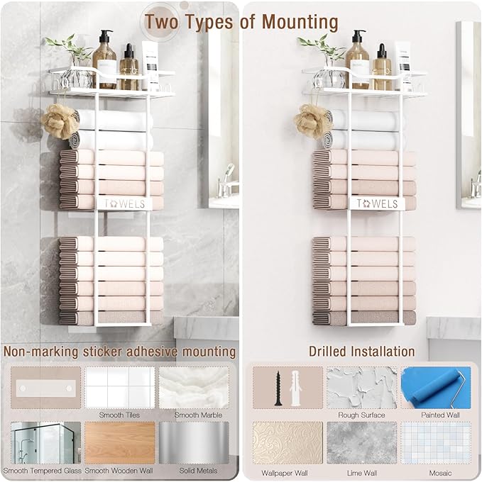 Towel Racks for Bathroom Wall Mounted Towel Storage Organizer Wall Towel Rack for Rolled Towels White