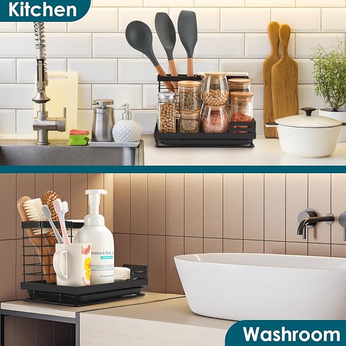 Sinnsally Sponge Holder for Kitchen Sink Caddy,Sink Organizer Rack with Dish Brush Holder & Drain Tray,Rustproof 304 Stainless Soap Dispenser Storage for Kitchen Organization Accessories & Decorations