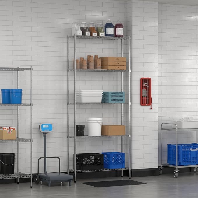 Commercial NSF Listed Chrome Stationary Wire Shelving Kit 12" x 42" x 96", with 5 Shelves Perfect for Warehouse, Walk-in Refrigerator, Freezer, Grocery Store, Restaurant, Dishroom