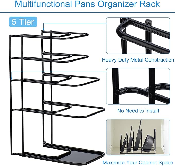 Toplife 2 Pack Heavy Duty Pan Organizer, 5 Tier Pot and Pan Organizer Rack for Cast Iron Skillets, Griddles and Pots - Sturdy Steel Construction- No Assembly Required - Black