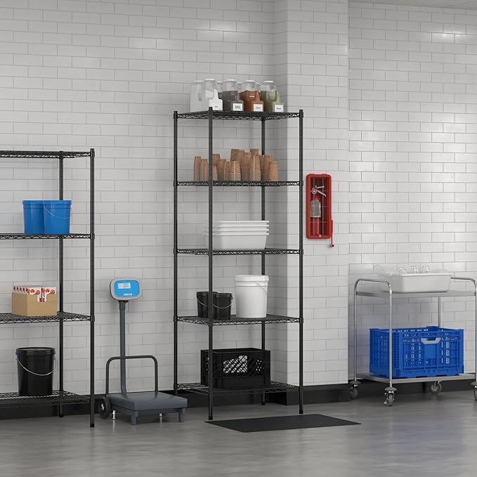 Commercial NSF Listed Black Epoxy Stationary Wire Shelving Kit 24" x 30" x 86", with 5 Shelves Perfect for Warehouse, Walk-in Refrigerator, Freezer, Grocery Store, Restaurant, Dishroom