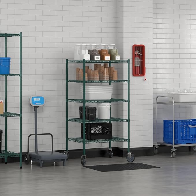 Commercial NSF Listed Green Epoxy Mobile Wire Shelving Kit 24" x 30" x 60", with 5 Shelves Perfect for Warehouse, Walk-in Refrigerator, Freezer, Grocery Store, Restaurant, Dishroom