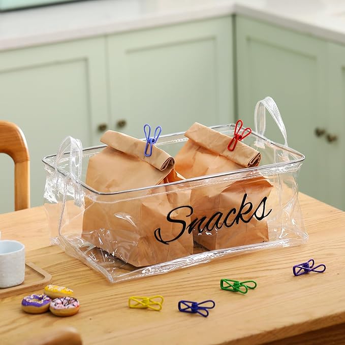 17 Pcs Snack Basket Sets, Snack Storage Bin for Pantry Shelves with 16 Pcs 2 Inch Chip Clips, Basket Organizer for Kitchen Home, Chips, Popcorn, Candy, Pretzels (PVC,Clear)