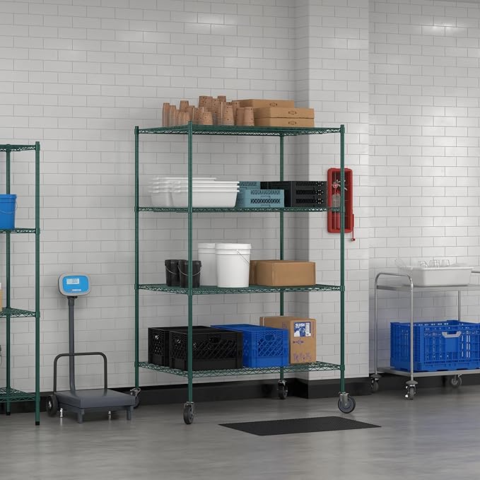 Commercial NSF Listed Green Epoxy Mobile Wire Shelving Kit 36" x 48" x 80", with 4 Shelves Perfect for Warehouse, Walk-in Refrigerator, Freezer, Grocery Store, Restaurant, Dishroom