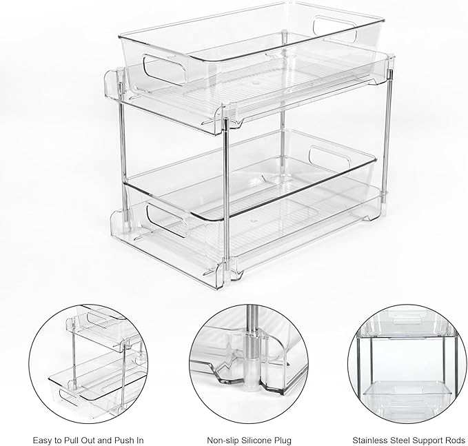 2 Pack Under Sink Organizer, 2 Tier Clear Bathroom Organizers and Storage, Pull-Out Medicine Cabinet Organizer, Multi-Purpose Cabinet Organizer with Track for Bathroom, Kitchen, Pantry, Vanity Storage