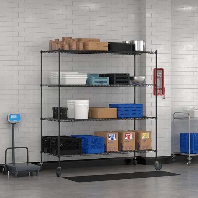 Commercial NSF Listed Black Epoxy Mobile Wire Shelving Kit 30" x 72" x 80", with 4 Shelves Perfect for Warehouse, Walk-in Refrigerator, Freezer, Grocery Store, Restaurant, Dishroom