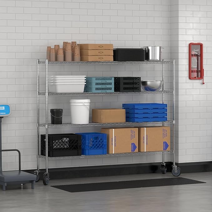 Commercial NSF Listed Chrome Mobile Wire Shelving Kit 12" x 72" x 60", with 4 Shelves Perfect for Warehouse, Walk-in Refrigerator, Freezer, Grocery Store, Restaurant, Dishroom