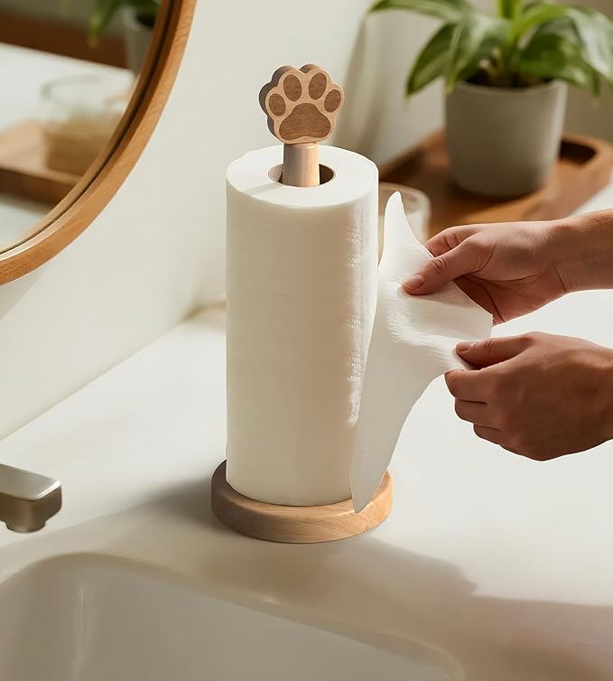 KitchLife Cute Wooden Paper Towel Holder Countertop - Solid Freestanding Paper Towel Dispenser Stand Organizer with Anti-Skid Base (Paw)