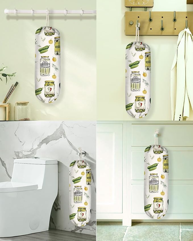 Plastic Bag Holder Organizer - 1 Pack Reusable Canvas Grocery Bags Holder Hanging Wall Cute Aesthetic Shopping Bag Storage Dispenser with Drawstring Closure for Kitchen Home, Canned