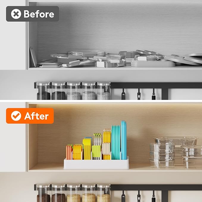 Lifewit Plastic Adjustable Lid Organizers Inside Cabinet, Lid Holder with 6 Dividers & 7 Sections for Kitchen Organization and Storage, Plate, Bowl Organizer for Tall Drawer and Pantry, 13" x 10"