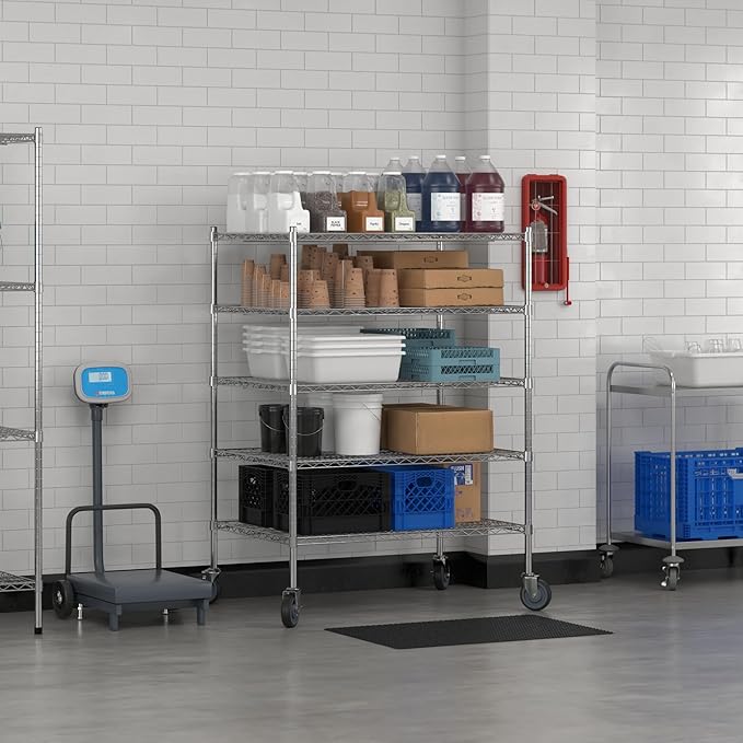 Commercial NSF Listed Chrome Mobile Wire Shelving Kit 30" x 42" x 60", with 5 Shelves Perfect for Warehouse, Walk-in Refrigerator, Freezer, Grocery Store, Restaurant, Dishroom