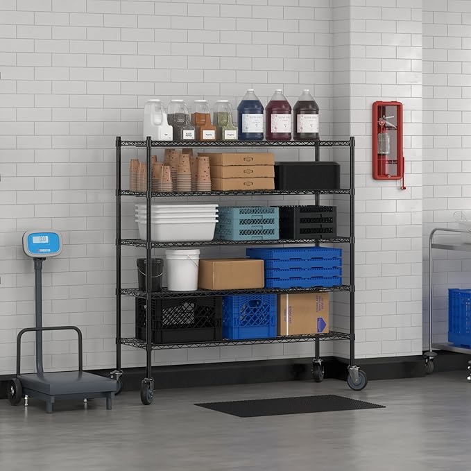 Commercial NSF Listed Black Epoxy Mobile Wire Shelving Kit 18" x 54" x 60", with 5 Shelves Perfect for Warehouse, Walk-in Refrigerator, Freezer, Grocery Store, Restaurant, Dishroom