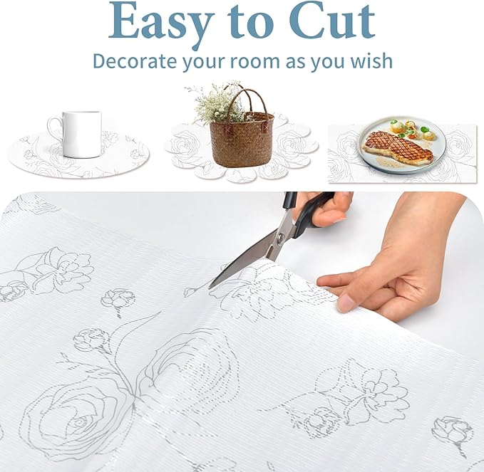 Shelf Liners for Kitchen Cabinets 23.6in x 30FT Non Adhesive Drawer Liner Sliver Floral Thickened Shelf Liner Paper Strong Non-Slip Easy to Clean for Tool Box Refrigerator with Knife and Tape Measure