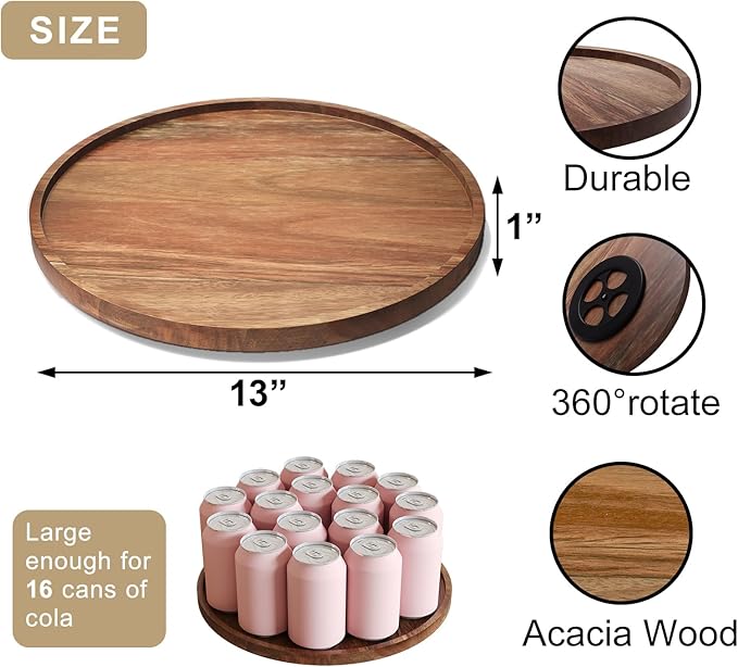 Lazy Susan Organizer for Kitchen,Acacia Wood Turntable for Cabinet, Pantry, Table, Countertop, Vanity, Spice Rack(Large)