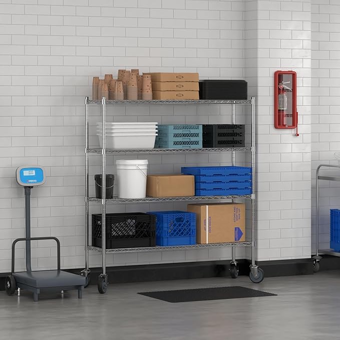 Commercial NSF Listed Chrome Mobile Wire Shelving Kit 14" x 54" x 60", with 4 Shelves Perfect for Warehouse, Walk-in Refrigerator, Freezer, Grocery Store, Restaurant, Dishroom
