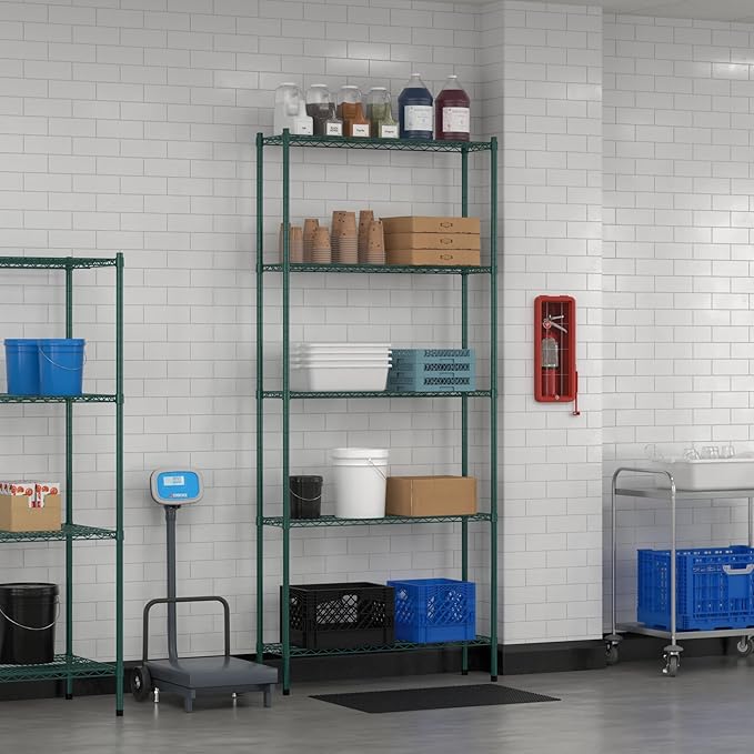 Commercial NSF Listed Green Epoxy Stationary Wire Shelving Kit 12" x 42" x 96", with 5 Shelves Perfect for Warehouse, Walk-in Refrigerator, Freezer, Grocery Store, Restaurant, Dishroom