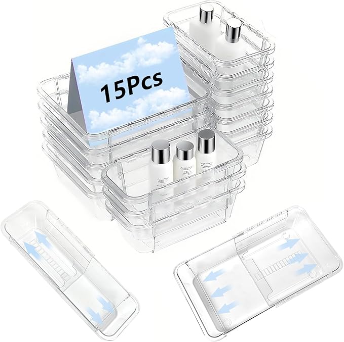 15 Pcs Extendable Clear Drawer Organizer Set,Adjustable Vanity Storage Box, 2-Size Desk Drawer Divider Organizer Trays, Storage Bin for Makeup, Cosmetic,Gadgets for Bathroom Bedroom Kitchen Office
