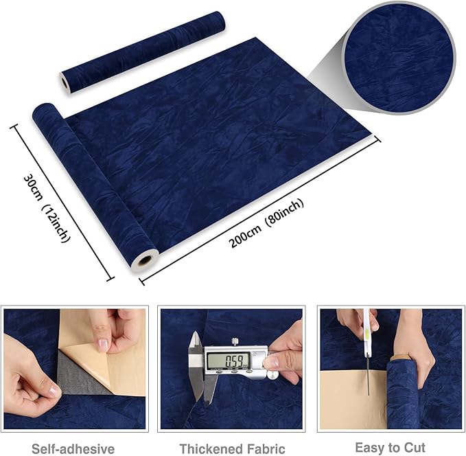 CRE8TIVE Navy Blue Crinkle Crushed Felt Velvet Drawer Liner for Jewelry Silverware 12"x80" Blue Wallpaper Self Adhesive Velvet Flocking Liner Felt Sheets for Crafts DIY Projects Cabinets Box Lining