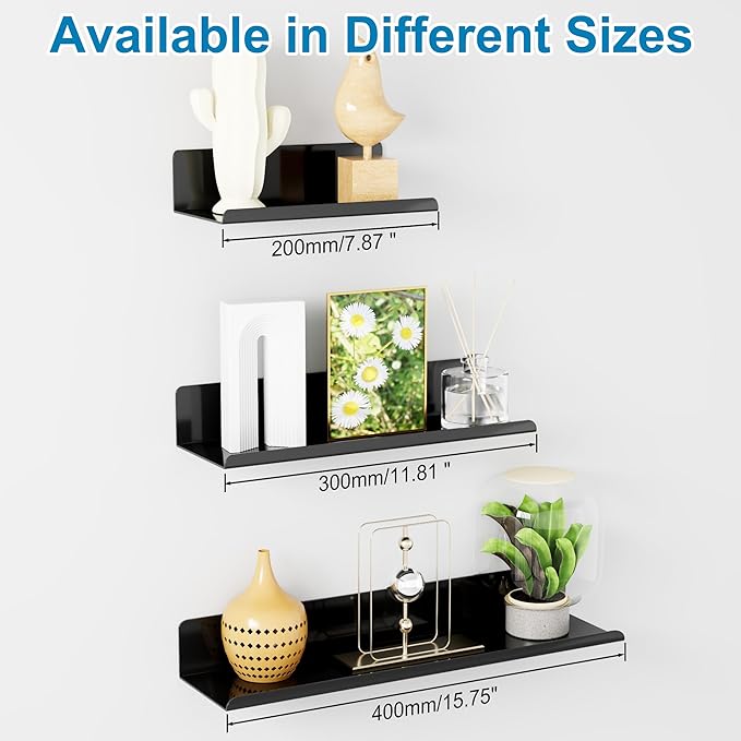 SAYAYO Black Floating Shelves for Wall Storage, 12 Inch Adhesive Wall Shelves for Bedroom Decor, Display Bathroom Shelf Organizer for Kitchen, Living Room, Office, 2pcs