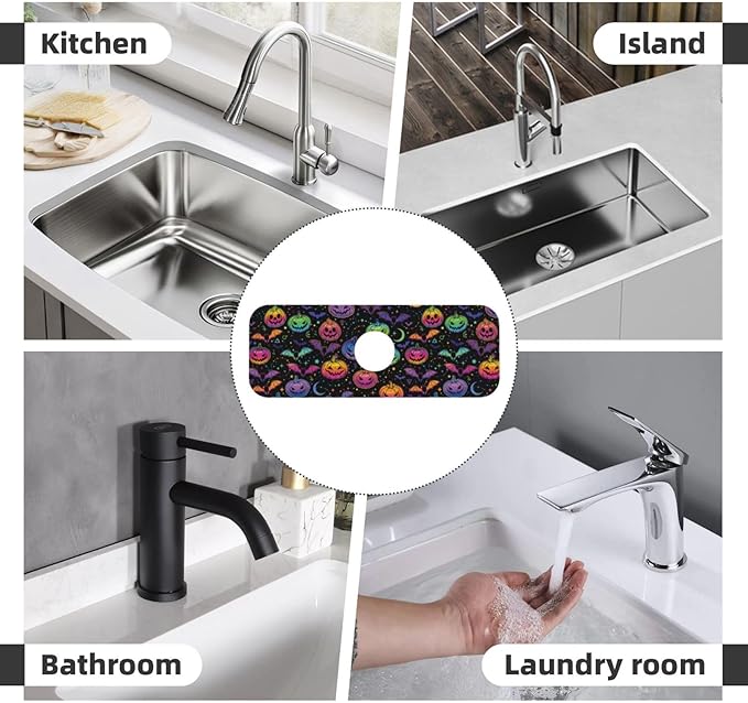 Halloween Pumpkin Bat Pumpkins Bats Kitchen Sink Splash Guard Faucet Mat Super Absorbent Fast Drying Mat Sink Gadgets-Fast Drying Pad Sink Mat For Kitchen Bathroom (15" X 5.5" )
