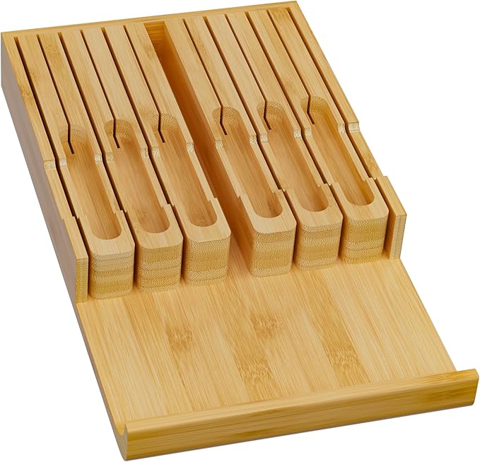 Domax Bamboo In-drawer Knife Block - Kitchen Knife Drawer Organizer Insert, Steak Knife Holder Without Knives, Drawer Knife Organizer Fits for 12 knives and 1 Sharpening Steel (Not Included)