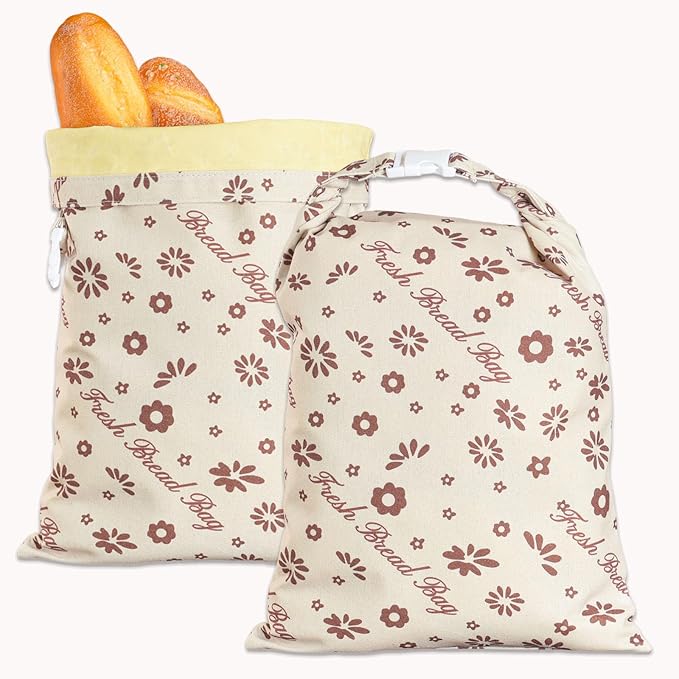 Beeswax Bread Bags for Sourdough 17in*12in Sealed Bag with Snap Closure Reusable Cotton Beeswax Bag for Homemade Bread Freezer-Friendly Freshness Preservation Food Storage 2 Pack(Brown Flowers)
