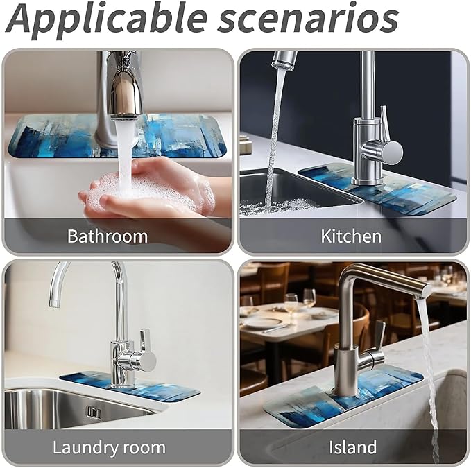 Kitchen Sink Splash Guard,Blue grey and more colors abstract Faucet Mat Sink Gadgets-Super Absorbent Fast Drying Mat Drip Catcher for Kitchen, Bathroom,Sink Mat, Dish Drying Mat, Bathroom(15" X 5.5" )