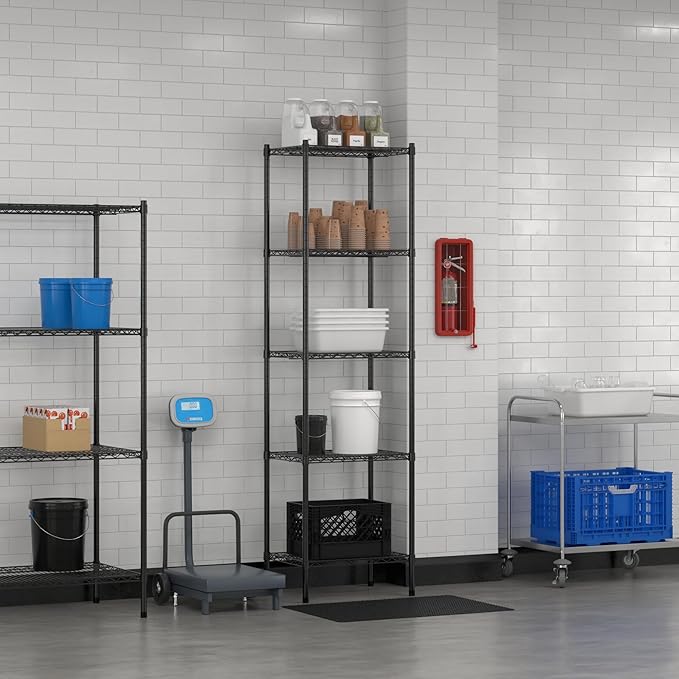 Commercial NSF Listed Black Epoxy Stationary Wire Shelving Kit 18" x 24" x 86", with 5 Shelves Perfect for Warehouse, Walk-in Refrigerator, Freezer, Grocery Store, Restaurant, Dishroom