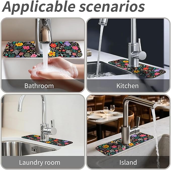Kitchen Sink Splash Guard,Colored flowers and leaves Faucet Mat Sink Gadgets-Super Absorbent Fast Drying Mat Drip Catcher for Kitchen, Bathroom,Sink Mat, Dish Drying Mat, Bathroom(15" X 5.5" )