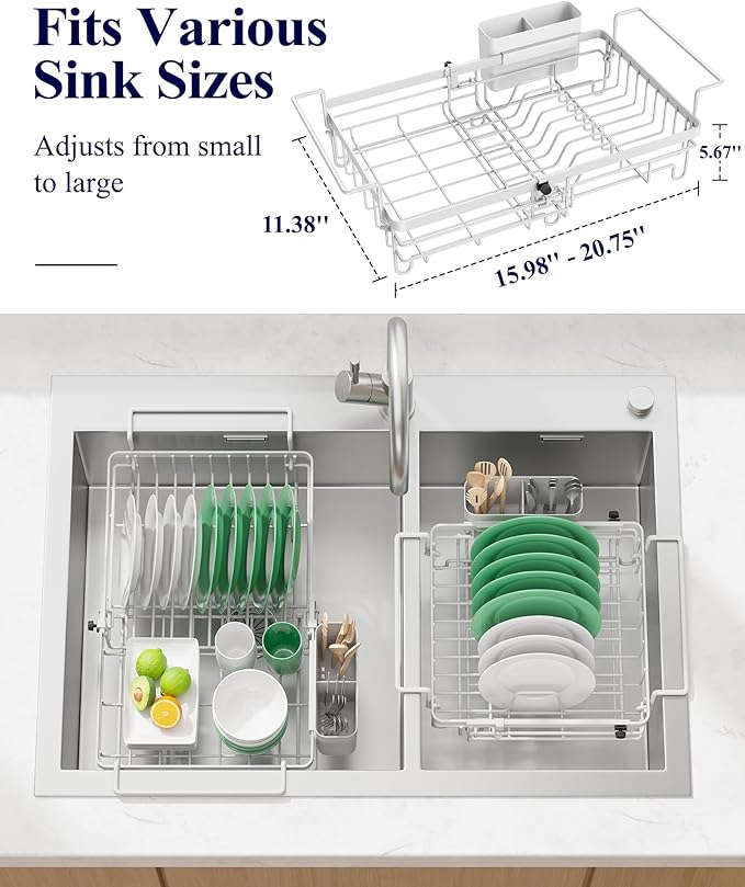 Kitsure Dish Drying Rack – Expandable in-Sink or Over-Sink Dish Rack for Kitchen Counter, Rust-Resistant Metal Dish Strainer with Cutlery Holder, 16.0"-20.7" L x 11.4" W x 5.7" H, White