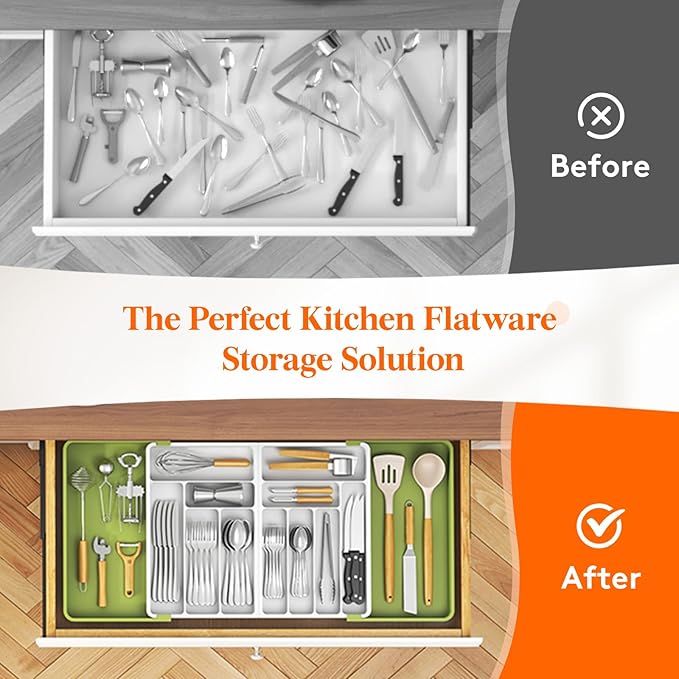 Lifewit Silverware Drawer Organizer, Expandable BPA Free Plastic Utensil Tray for Kitchen, Adjustable Flatware Cutlery Holder for Spoons Forks Knives, 21.3- 36 x 16.9", Green&White