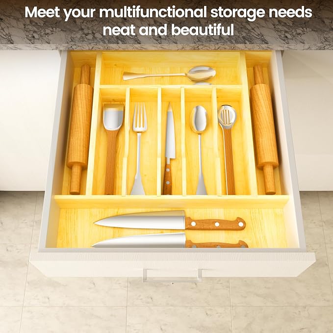 Silverware Drawer Organizer Wood with Adjustable Partition for Kitchen Utensil Cutlery Flatware Cabinet Storage Compartment Tray Insert with Dividers (19.2" W x 19.5" D x 2.5" H)
