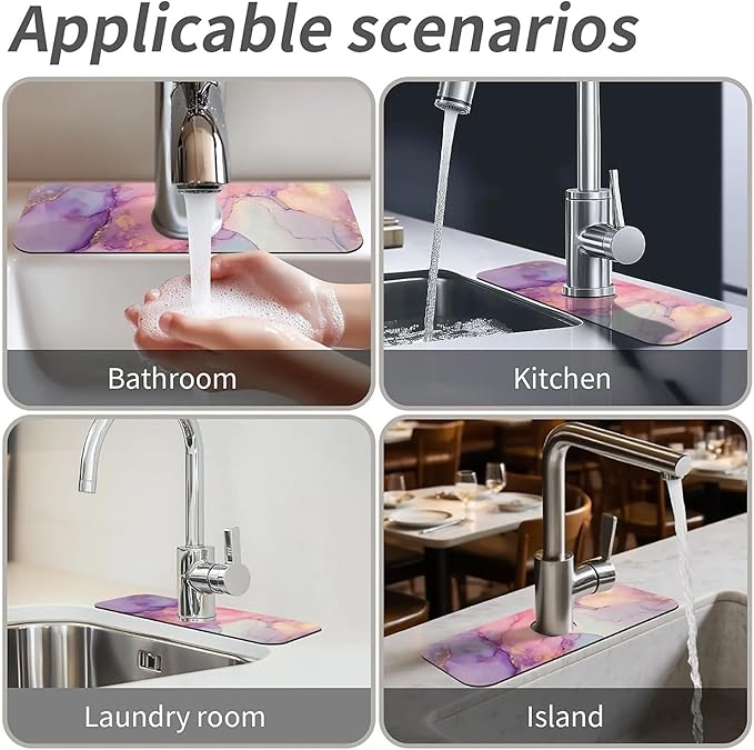 Kitchen Sink Splash Guard,Pink purple marble Faucet Mat Sink Gadgets-Super Absorbent Fast Drying Mat Drip Catcher for Kitchen, Bathroom,Sink Mat, Dish Drying Mat, Bathroom(15" X 5.5" )