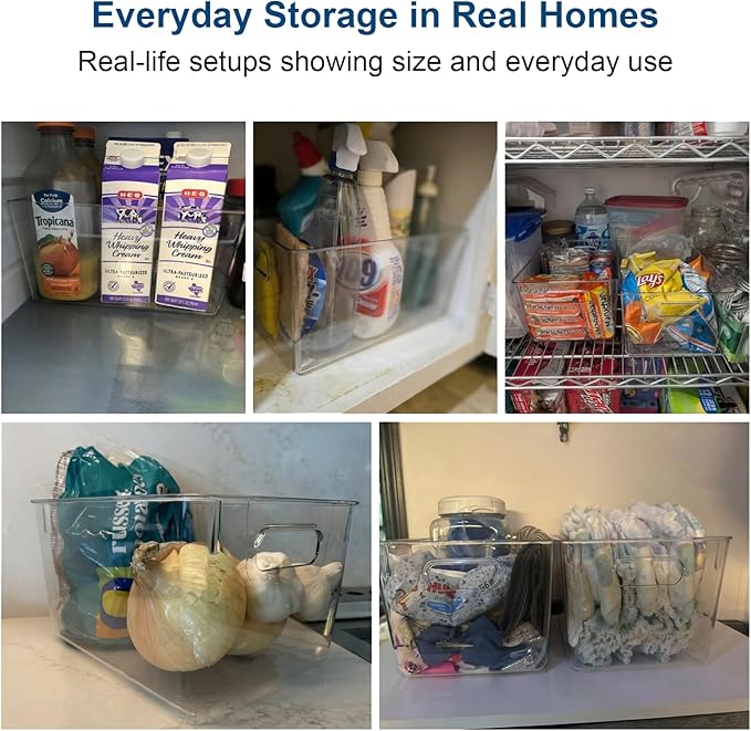 MOONEDGE Open Clear Plastic Storage Bins Stackable Organizer Containers with Handles for Kitchen, Pantry, Fridge, Cabinet, Closet Storage & Home Organization 8 Pack(11 x 8 x 6 in)