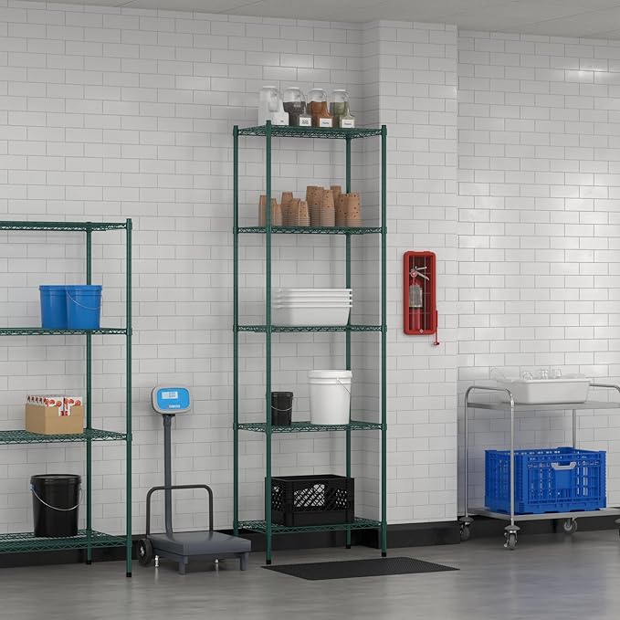 Commercial NSF Listed Green Epoxy Stationary Wire Shelving Kit 18" x 30" x 96", with 5 Shelves Perfect for Warehouse, Walk-in Refrigerator, Freezer, Grocery Store, Restaurant, Dishroom