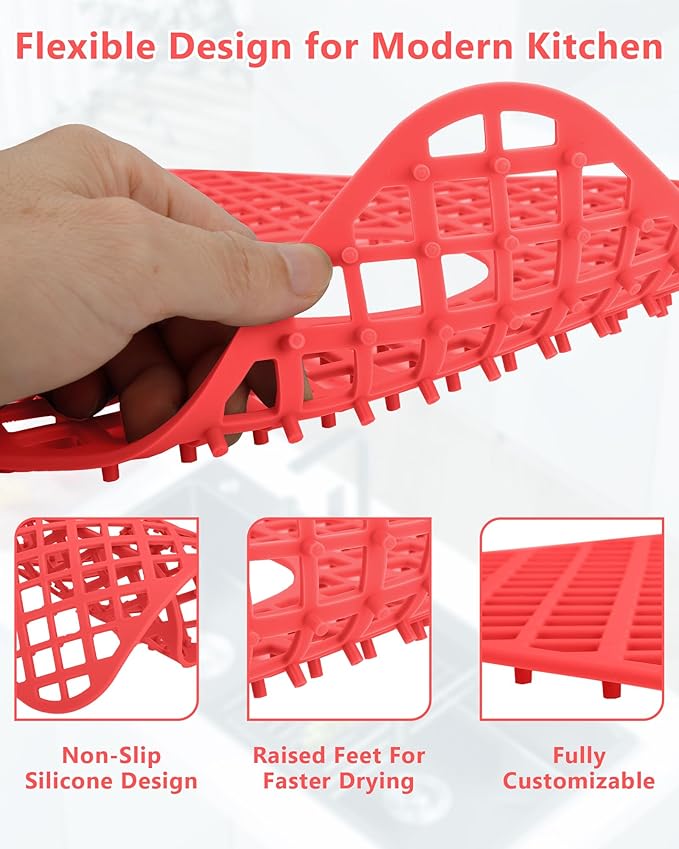 BEHOK 2 Pack Silicone Sink Protectors for Kitchen Sink, Lozenge Pattern 13 x 11 Inches Sink Mat, Non-Slip and Durable Sink Protector Silicone, Rear Drain, Red