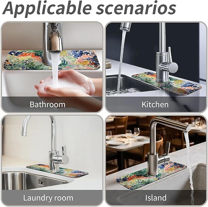 Kitchen Sink Splash Guard,abstract garden Faucet Mat Sink Gadgets-Super Absorbent Fast Drying Mat Drip Catcher for Kitchen, Bathroom,Sink Mat, Dish Drying Mat, Bathroom(15" X 5.5" )