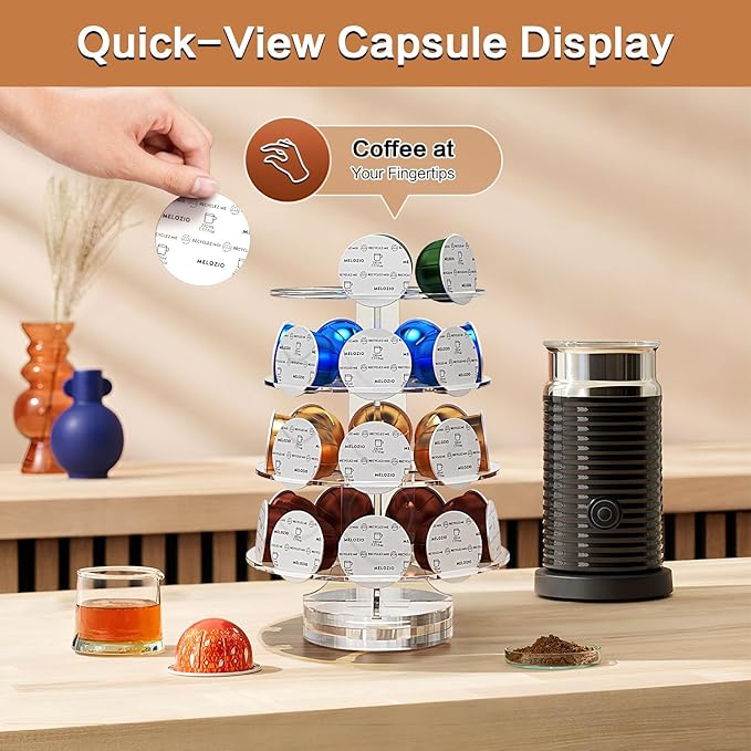 Crystal Clear Acrylic Coffee Pods Holder Carousel Compatible with 30 Nespresso Vertuo Capsules And Keurig K-cup Pods, Space-Saving Coffee Pod Storage Organizer for Small Countertop
