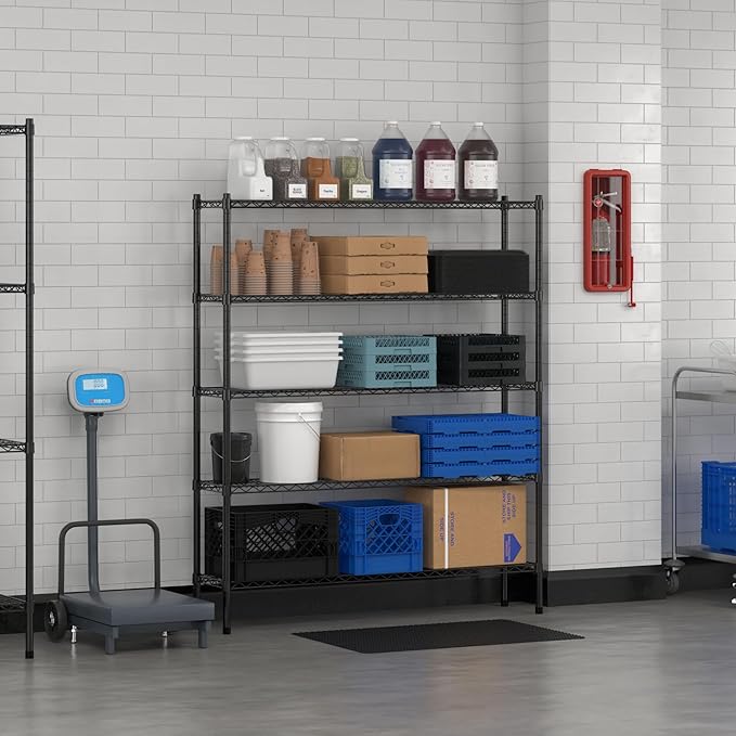 Commercial NSF Listed Black Epoxy Stationary Wire Shelving Kit 12" x 54" x 64", with 5 Shelves Perfect for Warehouse, Walk-in Refrigerator, Freezer, Grocery Store, Restaurant, Dishroom