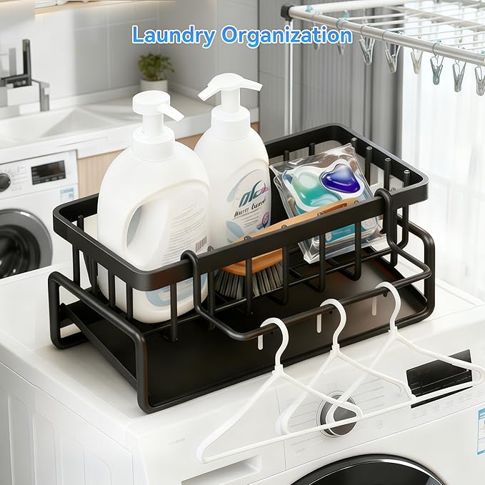 Sponge Holder for Kitchen, Sink Caddy Organizer Rack for Kitchen Accessories, Soap Dispenser Countertop Organizer Essentials for Home (Black)