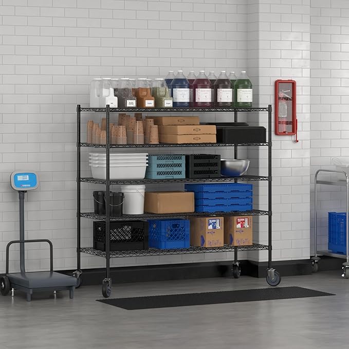 Commercial NSF Listed Black Epoxy Mobile Wire Shelving Kit 24" x 60" x 60", with 5 Shelves Perfect for Warehouse, Walk-in Refrigerator, Freezer, Grocery Store, Restaurant, Dishroom