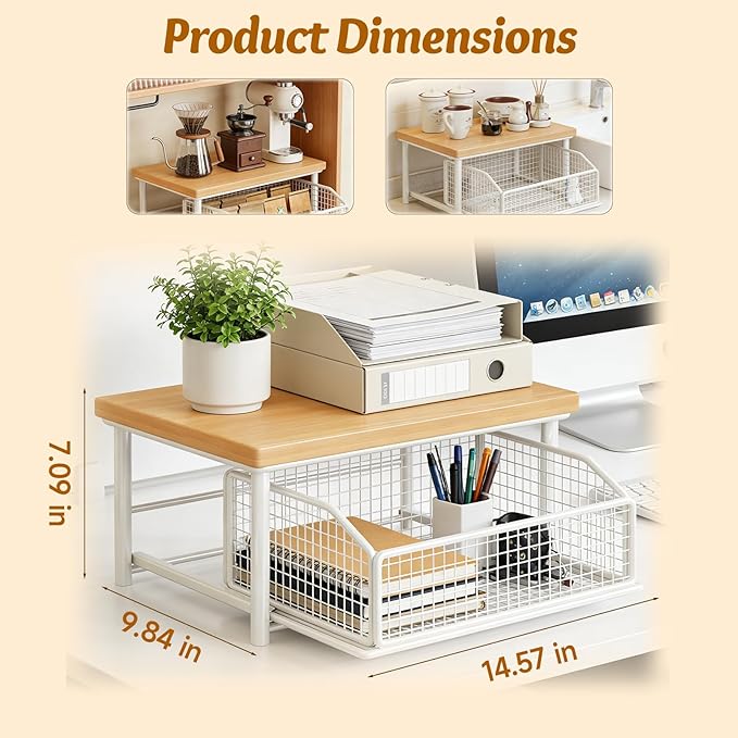 Kitchen Countertop Organizer with Drawer and Wire Basket, 2-Tier Hardwood Shelf for Microwave, Coffee Maker—Sliding Drawer for Fruit Storage, Space-Saving Kitchen Pantry Organizer with Counter Shelf