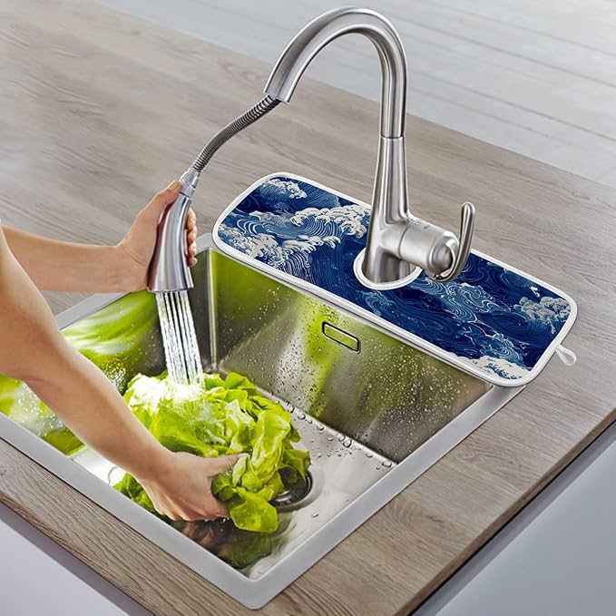 2 PCS Kitchen Sink Splash Guard 30 Inch Faucet Mat for Kitchen Sink Bathroom Sink Faucet Absorbing Drip Drain Mat Pad Microfiber Soft Washable Blue Sea Waves